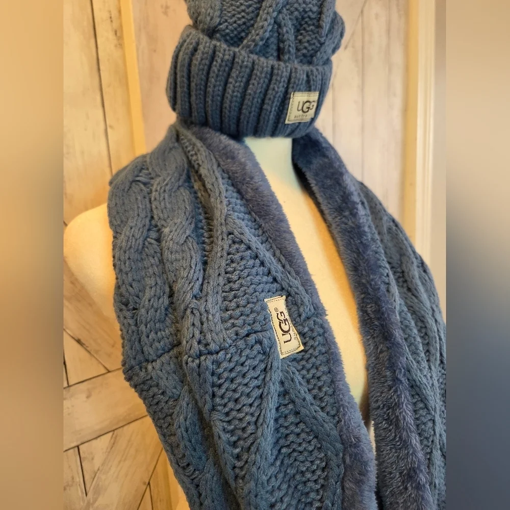 UGG Blue Knit Beanie and Scarf Set